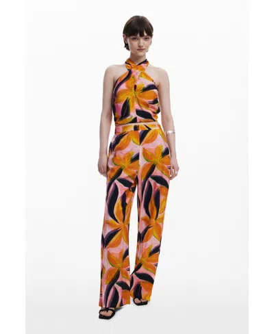 Desigual Floral Print Trousers In Brown