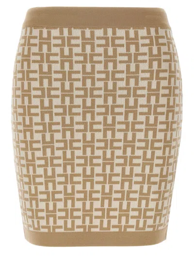 Elisabetta Franchi Monogram Butter Beige Knitted Skirt In Brown