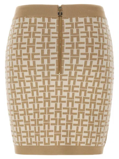 Elisabetta Franchi Monogram Butter Beige Knitted Skirt In Brown