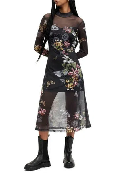 Allsaints Hanna Sanibel Floral Print Long Sleeve Mesh Maxi Dress