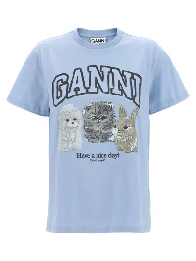Ganni Light Blue Crewneck T-shirt With Maxi Logo On The Front In Cotton Woman