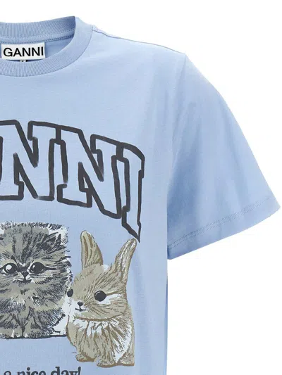Ganni Light Blue Crewneck T-shirt With Maxi Logo On The Front In Cotton Woman