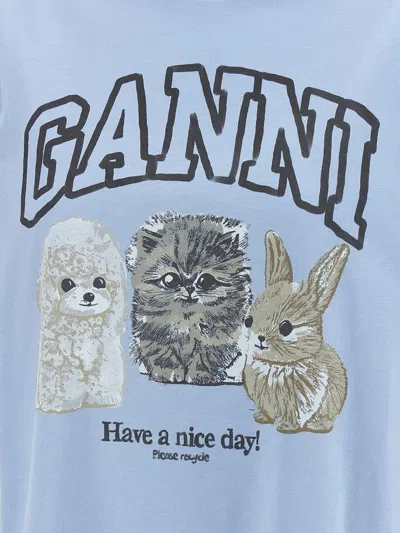 Ganni Light Blue Crewneck T-shirt With Maxi Logo On The Front In Cotton Woman
