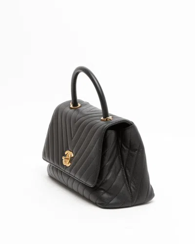 Pre-owned Chanel Medium Caviar Chevron Coco Top Handle Bag In Black