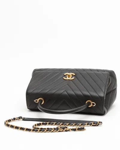 Pre-owned Chanel Medium Caviar Chevron Coco Top Handle Bag In Black