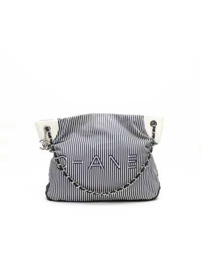 Pre-owned Chanel Striped Rialto Tote Bag In Blue