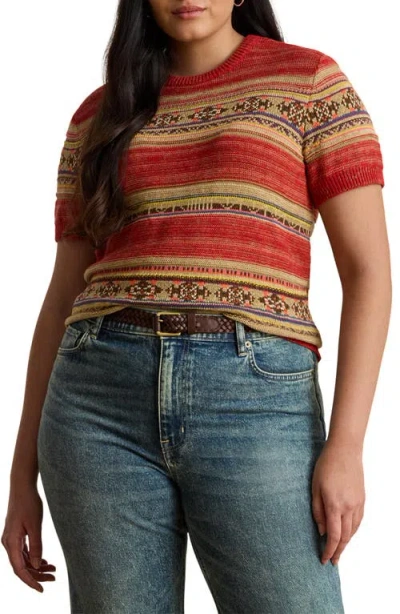 Ralph Lauren Lauren  Geo Stripe Short Sleeve Cotton & Linen Sweater In Multi