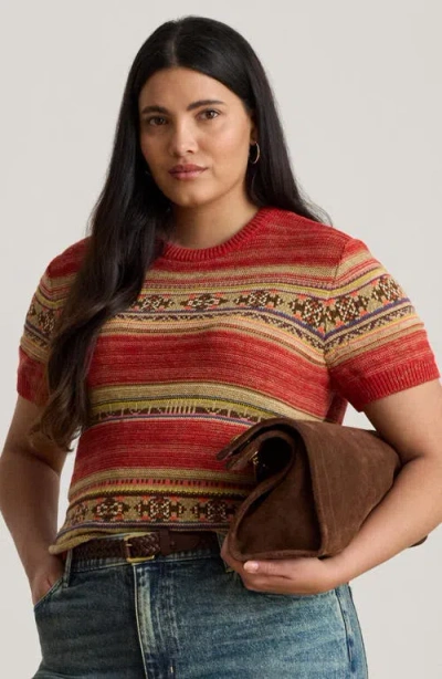 Ralph Lauren Lauren  Geo Stripe Short Sleeve Cotton & Linen Sweater In Multi