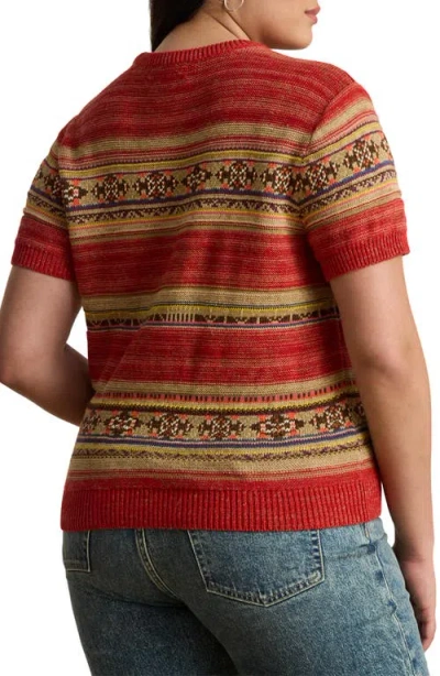 Ralph Lauren Lauren  Geo Stripe Short Sleeve Cotton & Linen Sweater In Multi