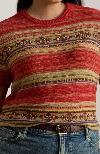 Ralph Lauren Lauren  Geo Stripe Short Sleeve Cotton & Linen Sweater In Multi