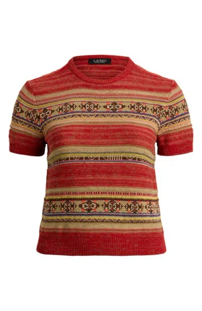 Ralph Lauren Lauren  Geo Stripe Short Sleeve Cotton & Linen Sweater In Multi