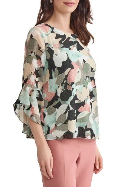 Kasper Clip Dot Ruffle Sleeve Top In Multi