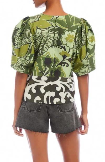 Fifteen Twenty Puff Sleeve Mix Print Top In Green