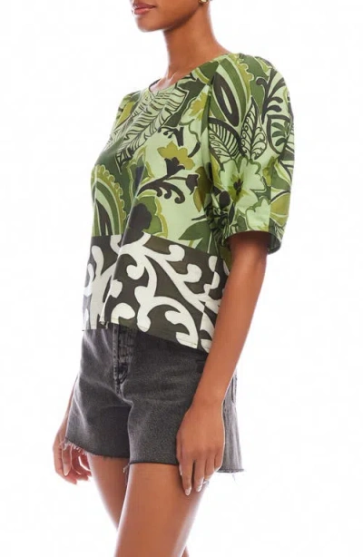 Fifteen Twenty Puff Sleeve Mix Print Top In Green