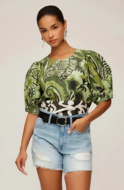 Fifteen Twenty Puff Sleeve Mix Print Top In Green