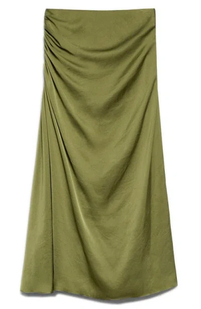 Theory Ruched Satin Midi Skirt In Green