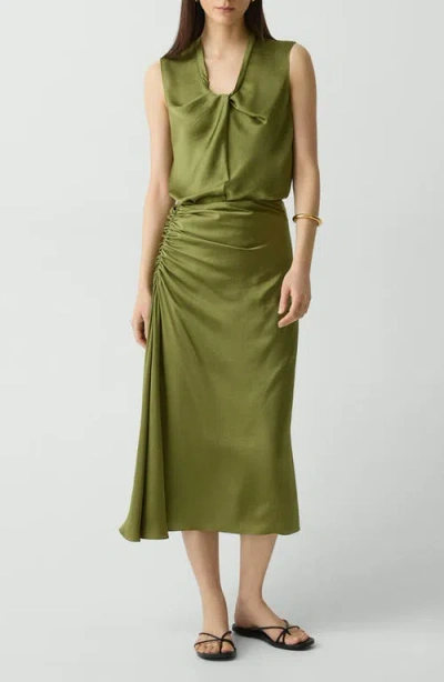 Theory Ruched Satin Midi Skirt In Green