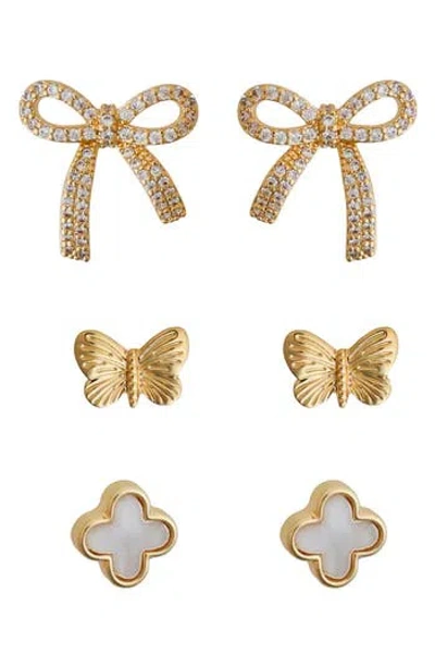 Panacea Set Of 3 Bow Butterfly Clover Stud Earrings