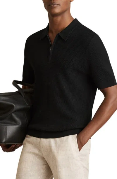 Reiss Textured Quarter Zip Polo Shirt In Black