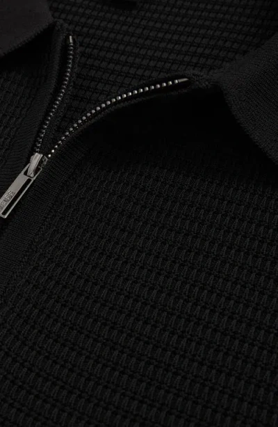 Reiss Textured Quarter Zip Polo Shirt In Black