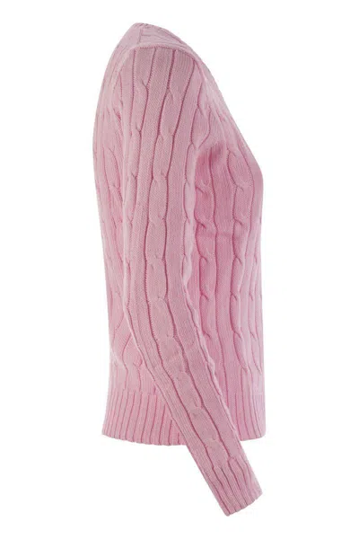 Polo Ralph Lauren Plaited Cotton V-neck Sweater In Pink