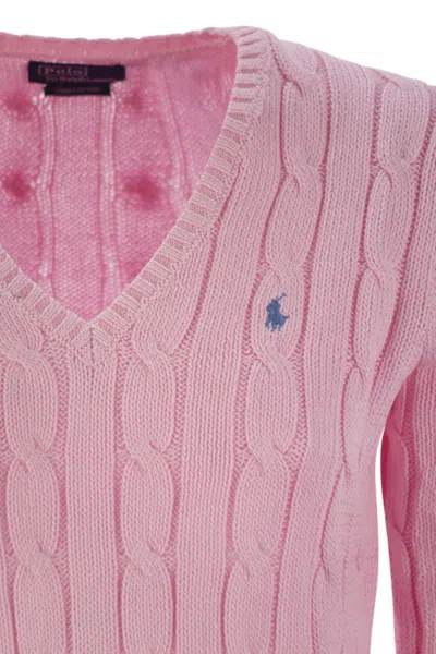 Polo Ralph Lauren Plaited Cotton V-neck Sweater In Pink