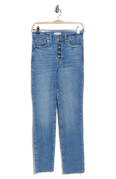 Good American Good Classic Exposed Button Raw Hem Ankle Straight Leg Jeans