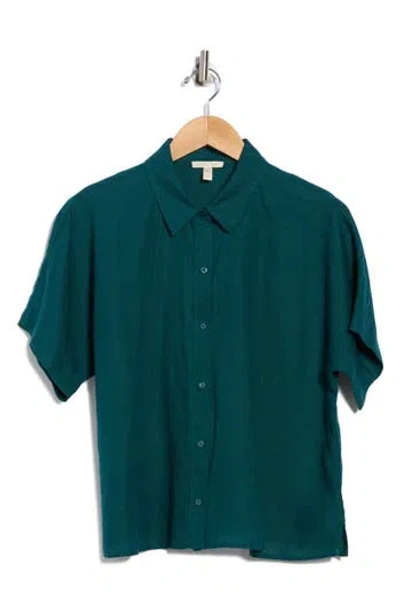 Eileen Fisher Short Sleeve Organic Linen Button-up Shirt In Green