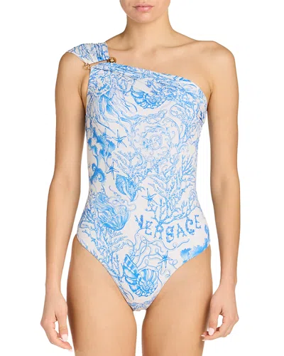 Versace Barocco Safety Pin One Piece Swimsuit In Blue