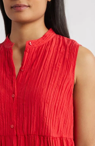 Eileen Fisher Pleated Sleeveless Silk Shirtdress In Red