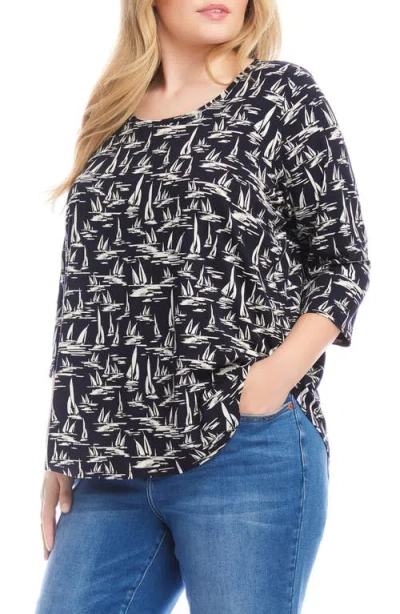Karen Kane Sailboat Print Knit Shirt In Black