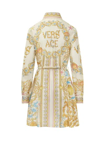Versace Underwater Barocco Silk Midi Shirt Dress In Yellow