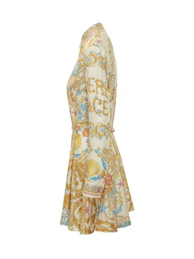Versace Underwater Barocco Silk Midi Shirt Dress In Yellow