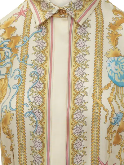 Versace Underwater Barocco Silk Midi Shirt Dress In Yellow