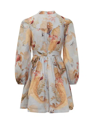 Zimmermann Ascension Light Blue Mini Dress With Flared Skirt And All-over Print In Linen Woman