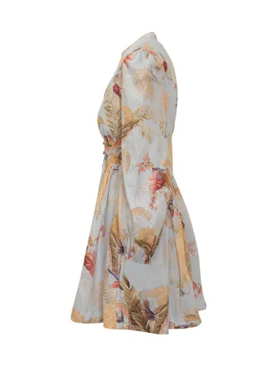 Zimmermann Ascension Light Blue Mini Dress With Flared Skirt And All-over Print In Linen Woman