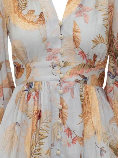 Zimmermann Ascension Light Blue Mini Dress With Flared Skirt And All-over Print In Linen Woman