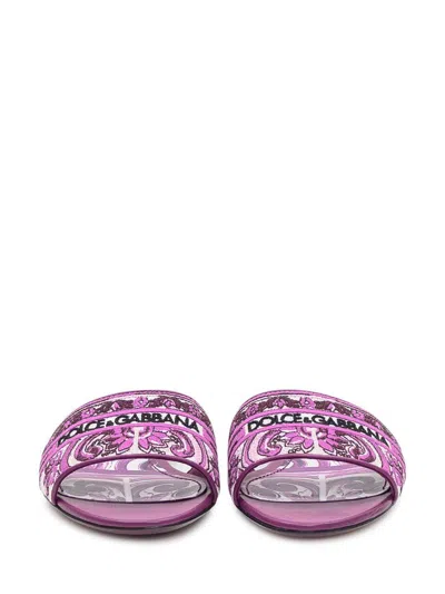 Dolce & Gabbana Violet Sandals With Logo Embroidery On The Front And All-over Majolica Motif In Cotton Blend Woman