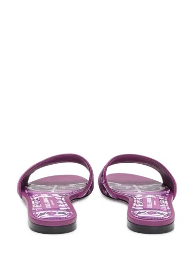 Dolce & Gabbana Violet Sandals With Logo Embroidery On The Front And All-over Majolica Motif In Cotton Blend Woman