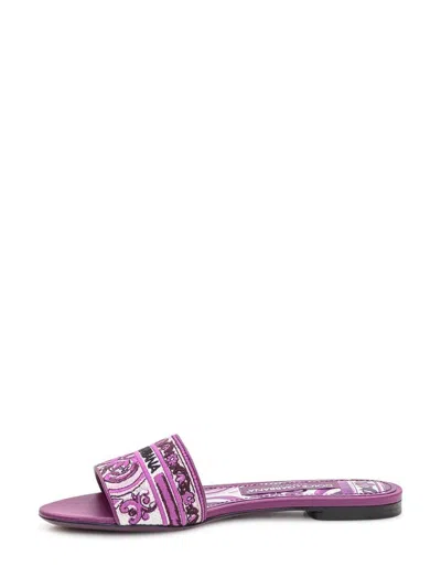 Dolce & Gabbana Violet Sandals With Logo Embroidery On The Front And All-over Majolica Motif In Cotton Blend Woman