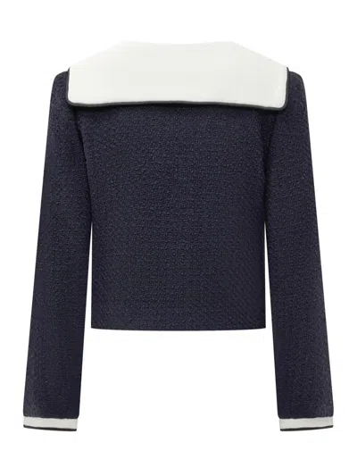 Self-portrait Belted Waist Short Jacket With Stripe Trim In Blue