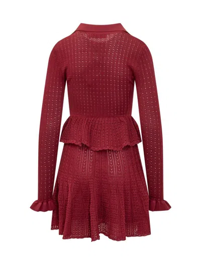 Self-portrait Self Portrait Women Burgundy Pointelle Knit Long-sleeved Mini Dress In Red