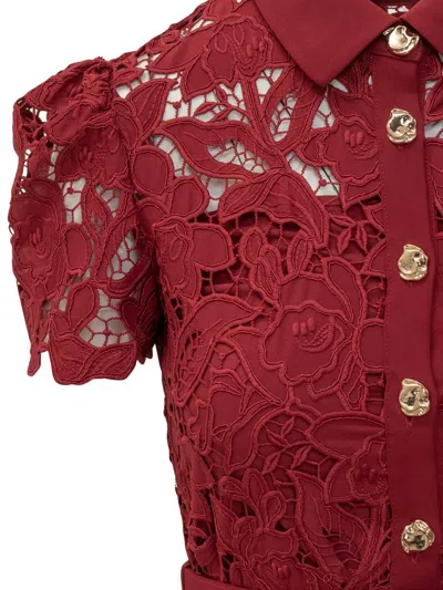 Self-portrait Womens Embroidered Collared Lace Mini Dress Burgundy In Red