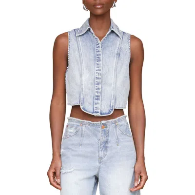 Avec Les Filles Sleeveless Tuxedo Crop Denim Shirt In Blue