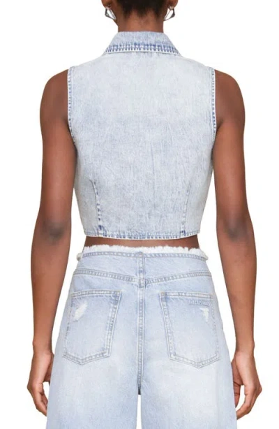 Avec Les Filles Sleeveless Tuxedo Crop Denim Shirt In Blue