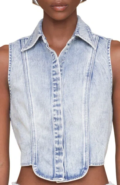 Avec Les Filles Sleeveless Tuxedo Crop Denim Shirt In Blue