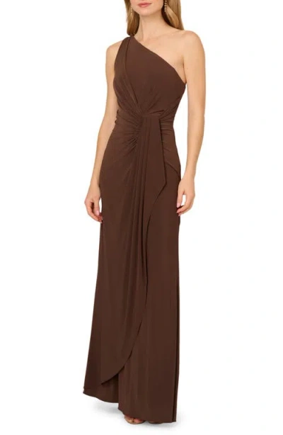 Adrianna Papell One-shoulder Jersey Gown In Brown