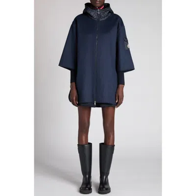 Moncler Hooded Shell And Wool-blend Cape Coat In Blue