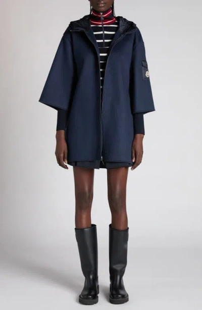 Moncler Hooded Shell And Wool-blend Cape Coat In Blue