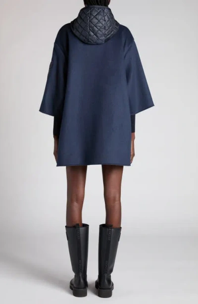 Moncler Hooded Shell And Wool-blend Cape Coat In Blue